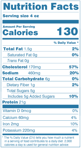 Nutrition Facts, Icy Ocean Cooked White Shrimp Ring: serving size 4 oz, 130 calories