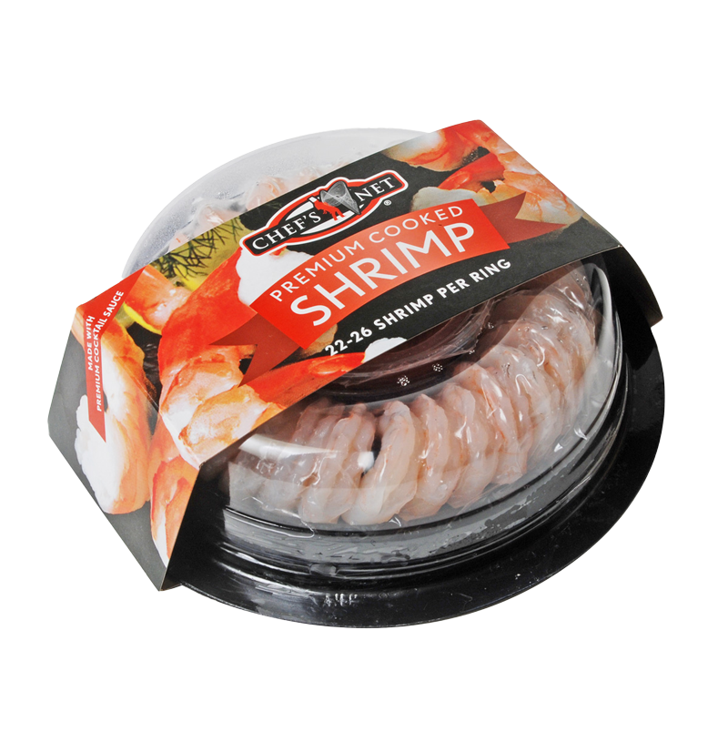 Chef's Net Premium Cooked Shrimp ring tray, 22-26 shrimp per ring