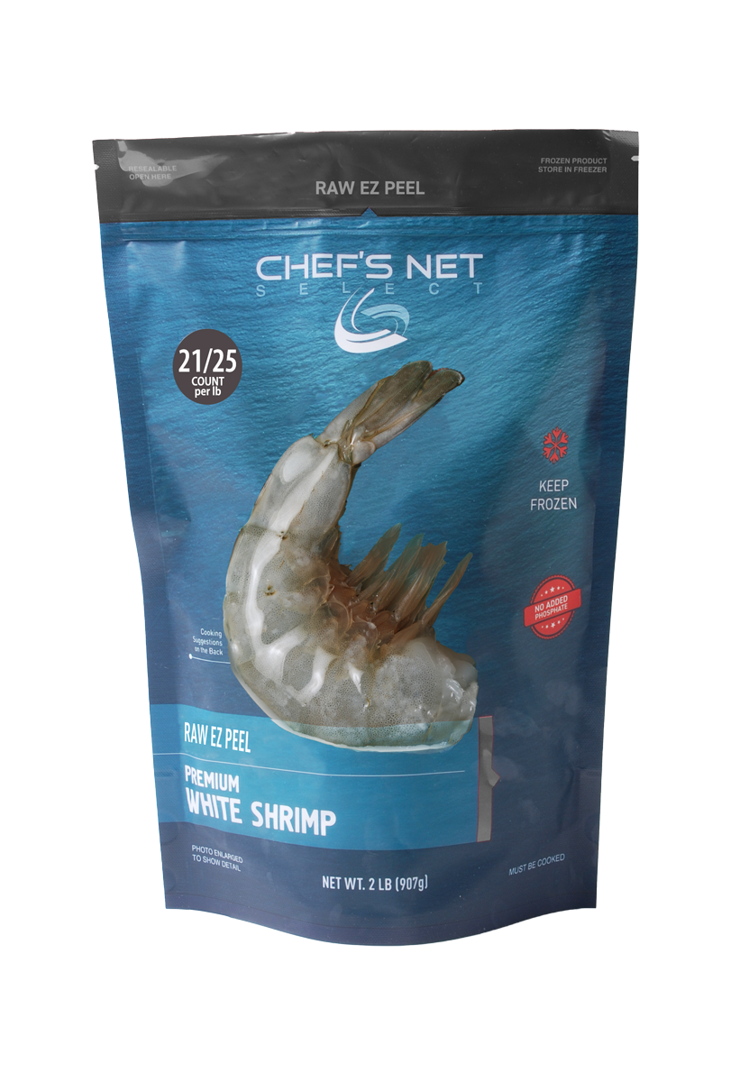 Chef's Net Select Raw EZ Peel Premium White Shrimp 2 lb bag, 21/25 count