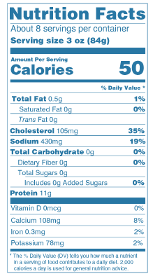 Nutrition Facts for Icy Ocean Argentine Red Shrimp: serving size 3 oz (84g), 50 calories, 11g protein