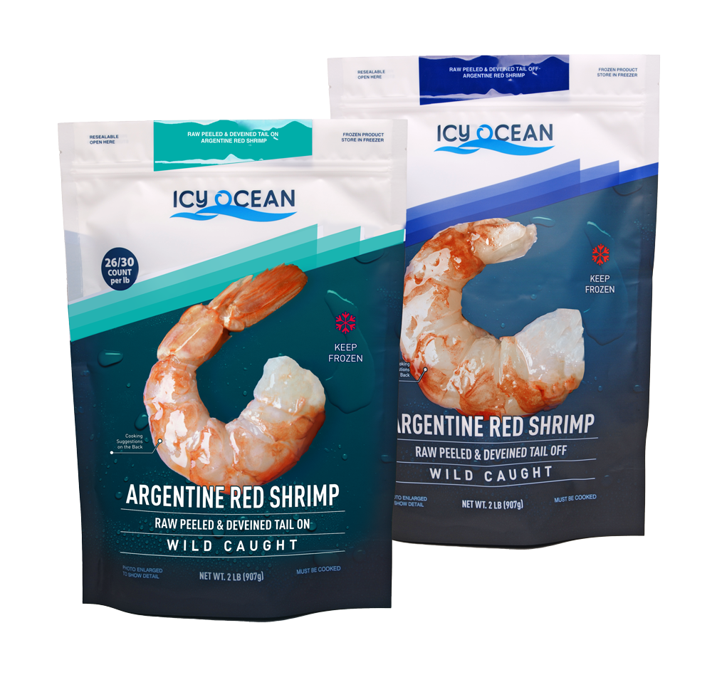 Icy Ocean Argentine Red Shrimp P&D Tail On and Tail Off 2 lb bags