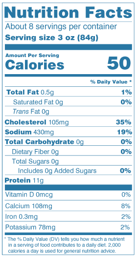 Nutrition Facts for Icy Ocean Argentine Red Shrimp headless shell-on: serving size 3 oz (84g), 50 calories, 11g protein