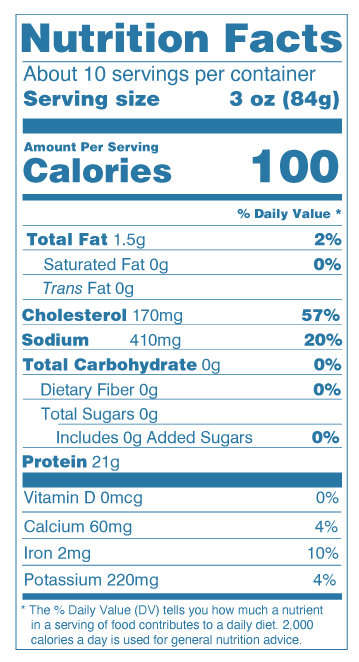 Nutrition Facts for Icy Ocean Cooked White Shrimp: serving size 3 oz (84g), 100 calories, 21g protein