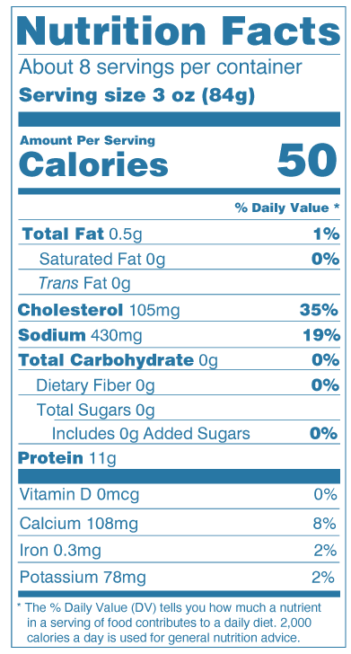 Nutrition Facts for Icy Ocean Argentine Red Shrimp EZ Peel: serving size 3 oz (84g), 50 calories, 11g protein, 0.5g total fat, 430mg sodium