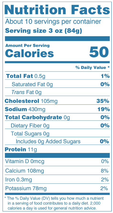 Nutrition Facts for Icy Ocean cooked Argentine red shrimp: serving size 3 oz (84g), 50 calories