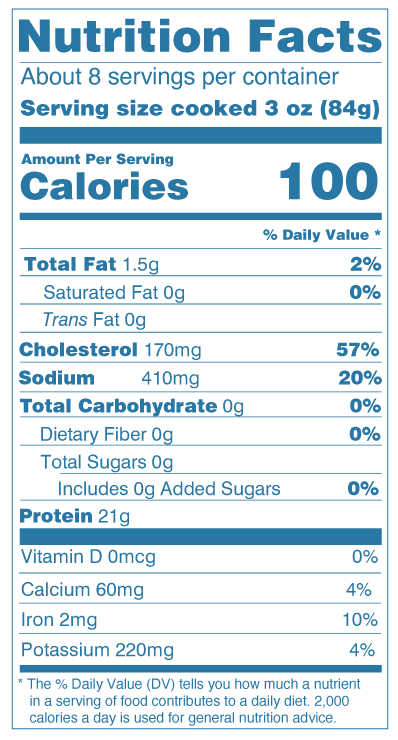 Nutrition Facts, Icy Ocean White Shrimp P&D Tail Off: serving size cooked 3 oz (84g), 100 calories