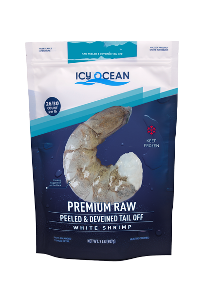 Icy Ocean Premium Raw Peeled & Deveined Tail Off White Shrimp 2 lb bag, 26/30 count
