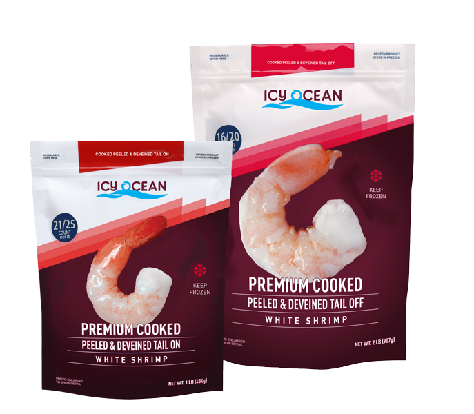 Icy Ocean Premium Cooked White Shrimp P&D Tail On and Tail Off 1 lb and 2 lb bags