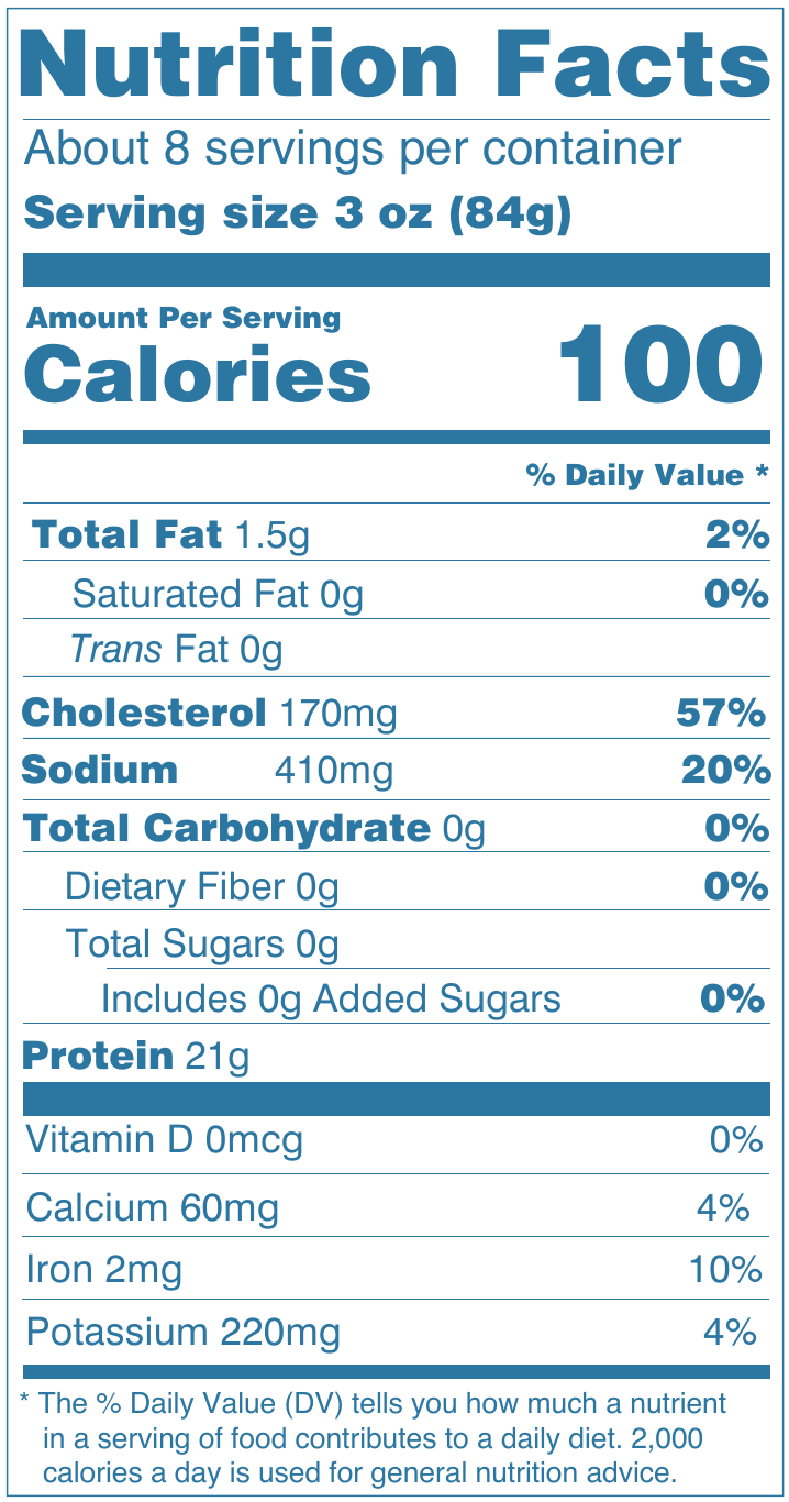 Nutrition Facts, Mexican Shrimp Paradise Wild Mexican Shrimp: serving size 3 oz (84g), 100 calories