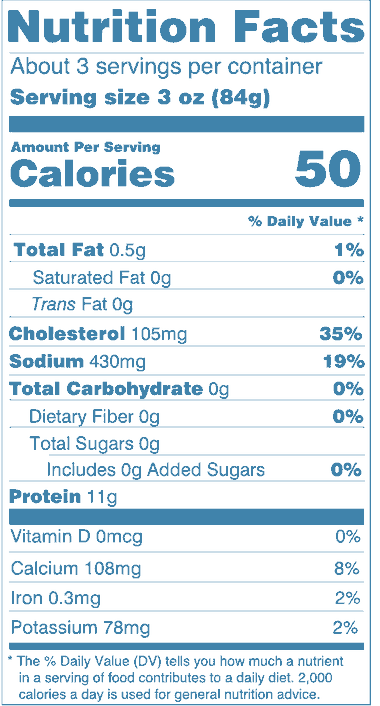 Nutrition Facts, Marine Treasures Argentine Red Shrimp: serving size 3 oz (84g), 50 calories