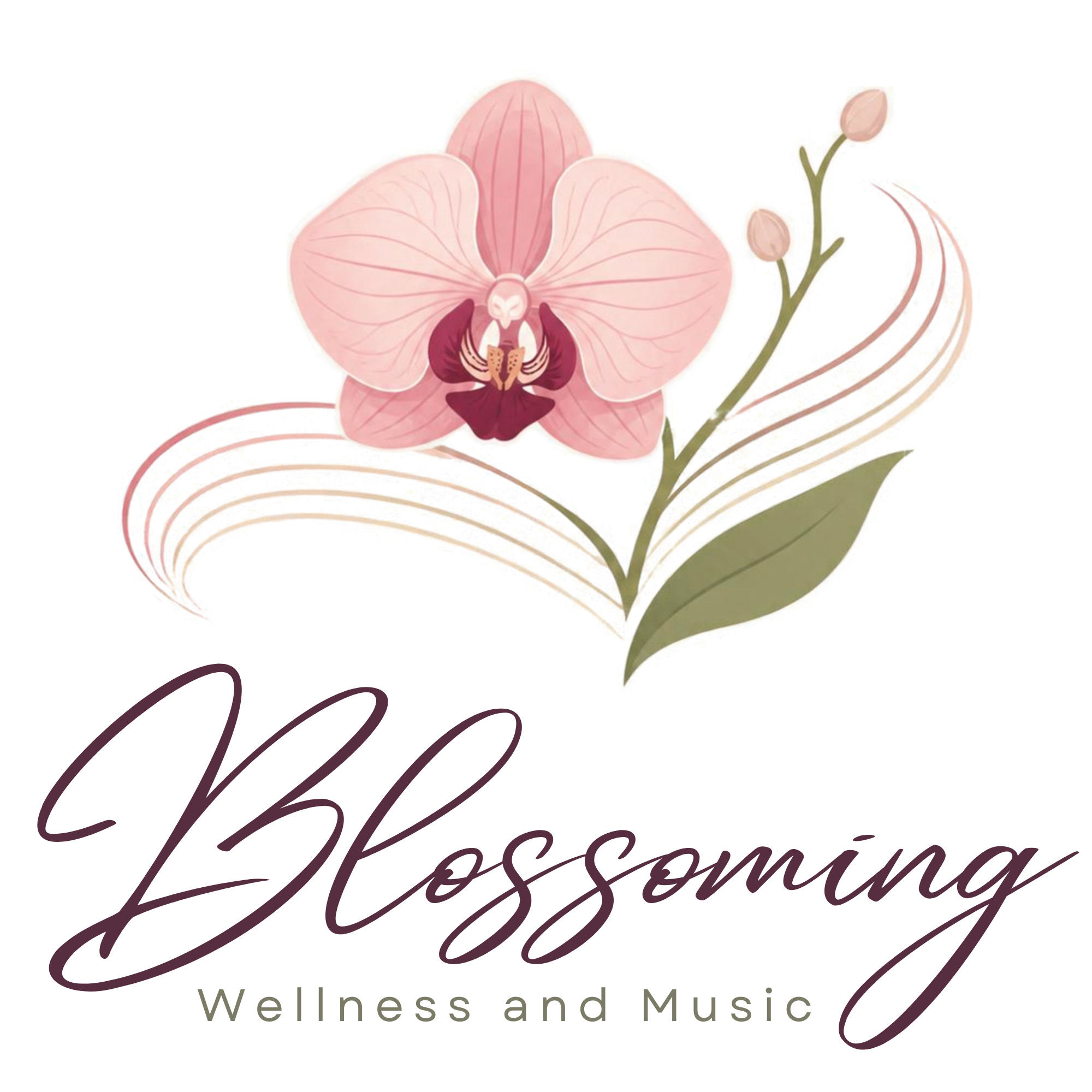 A pink orchid flower with green leaves and musical staff lines, accompanied by the text 'Blossoming Wellness and Music' in cursive and sans-serif fonts.