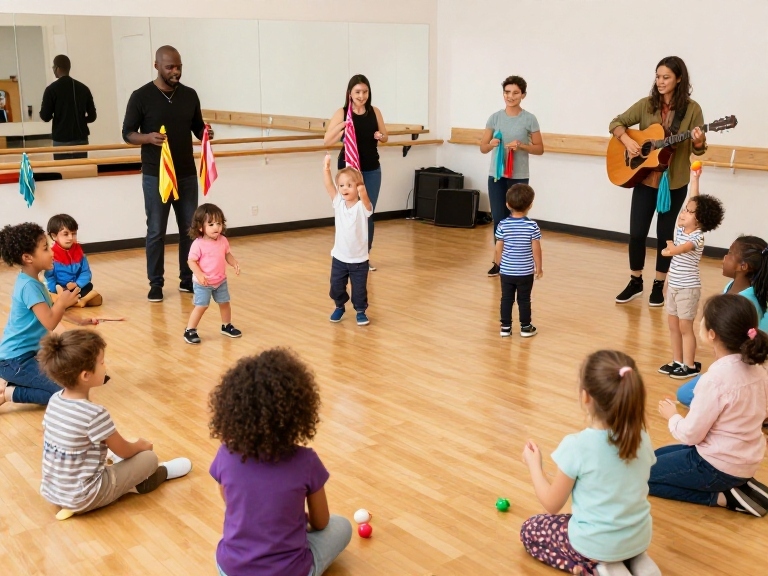 Group of young children and three adults in a dance or music class in a studio with wooden floor and mirrors; one adult plays guitar, two hold colorful scarves, and children are standing or sitting in a circle, some holding scarves or small balls.