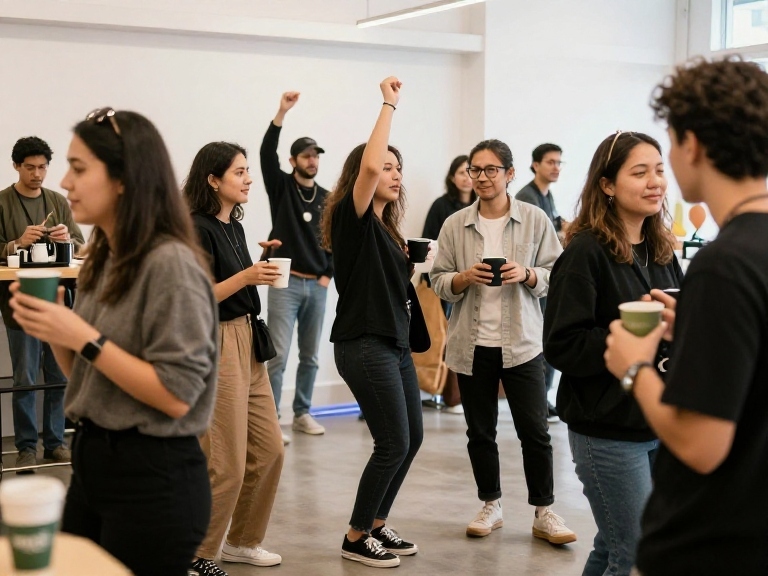 A group of young adults socializing indoors, holding coffee cups, with one woman raising her fist in the air, suggesting a lively and casual gathering.