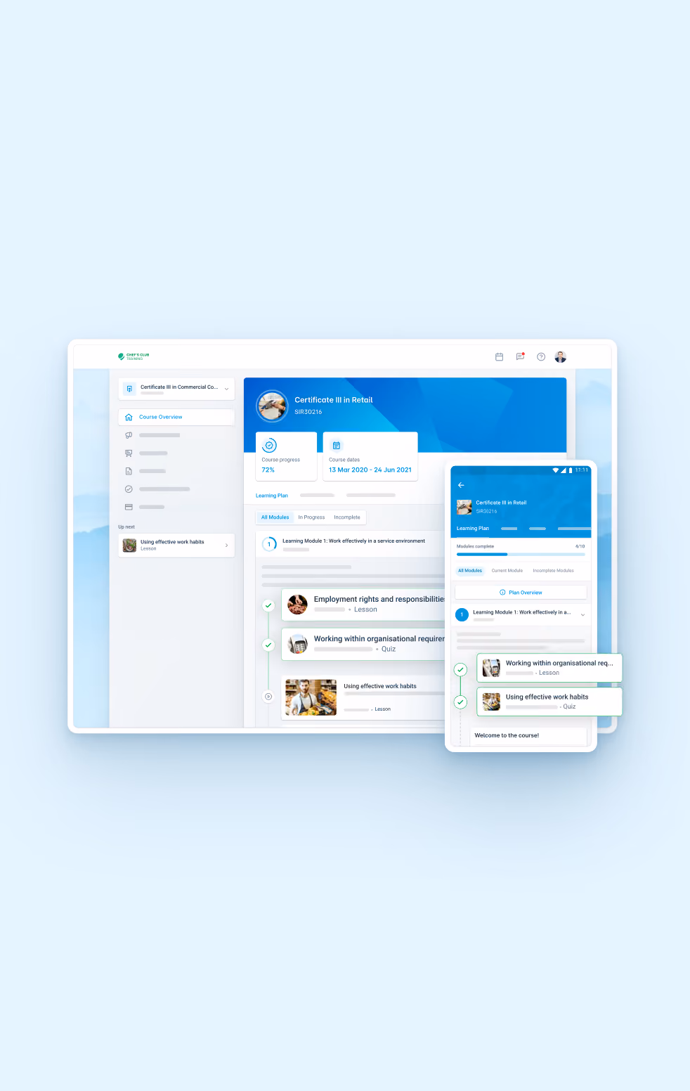 UI designs showing aXcelerate's Learning Plans in a desktop and mobile view.