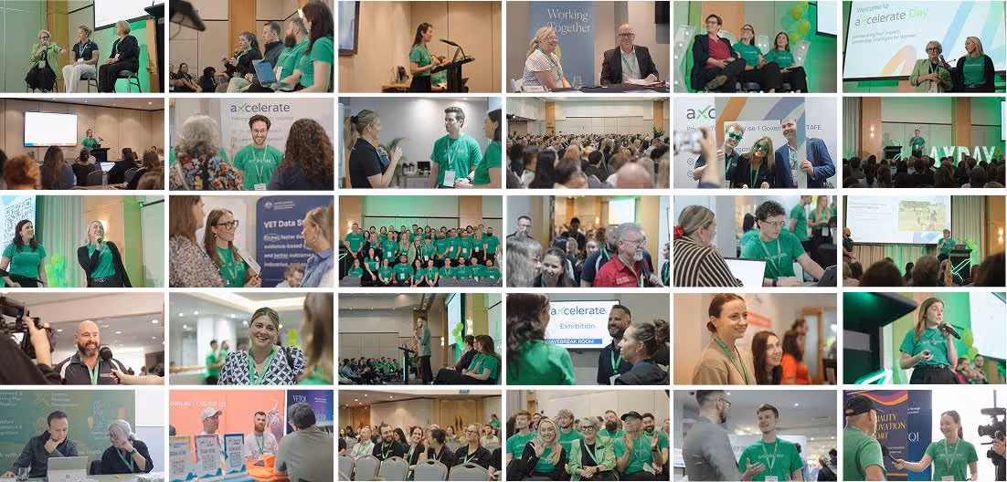 Two happy employees in a bright office environment working on a laptop and computer monitor, with illustrative LMS UI elements overlayed.