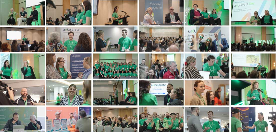 Two happy employees in a bright office environment working on a laptop and computer monitor, with illustrative LMS UI elements overlayed.