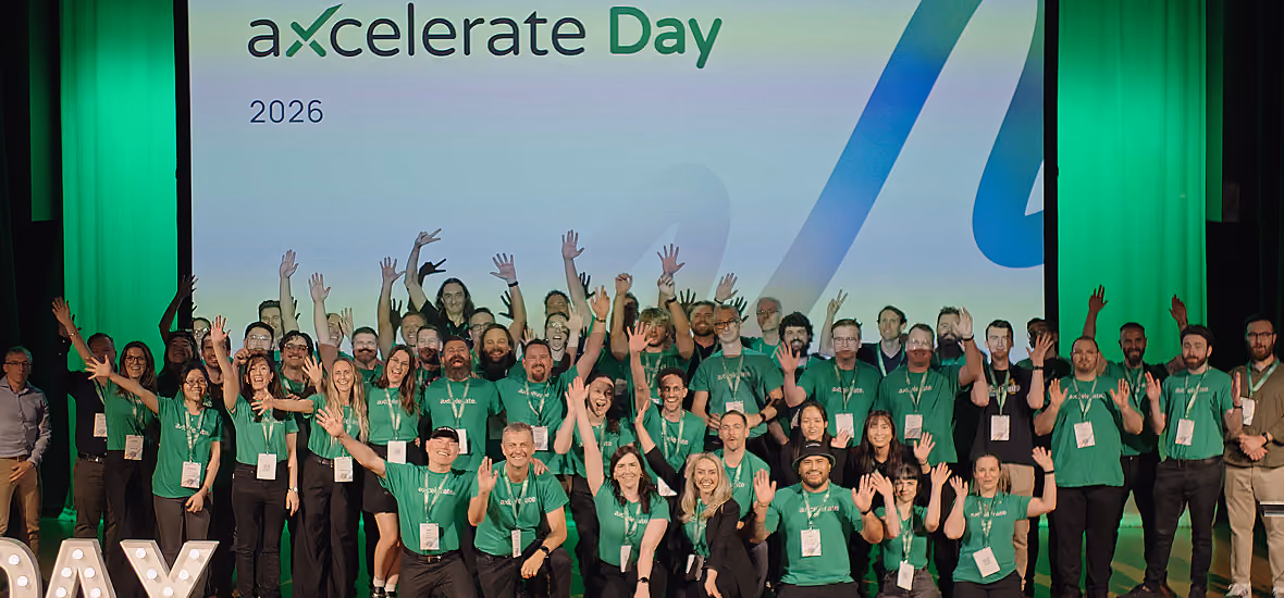 A collage of photos from aXcelerate Day 2025 featuring aXcelerate team members in green shirts and our attendees, including customers and partners