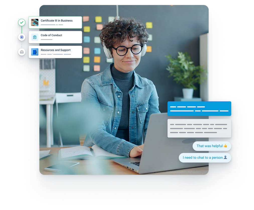 A learner looking at their laptop with aXcelerate AI UI overlaid. The learner has short curly brown hair and is wearing round black glasses, white headphones, a denim jacket and a grey turtleneck. The learner is relaxed and smiling. The learner is in a classroom setting.