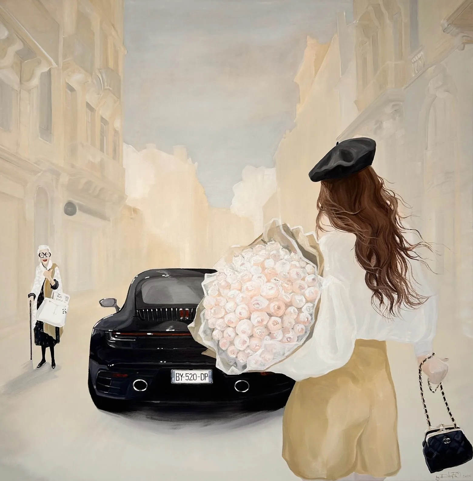 Painting of women holding flowers in their hands.