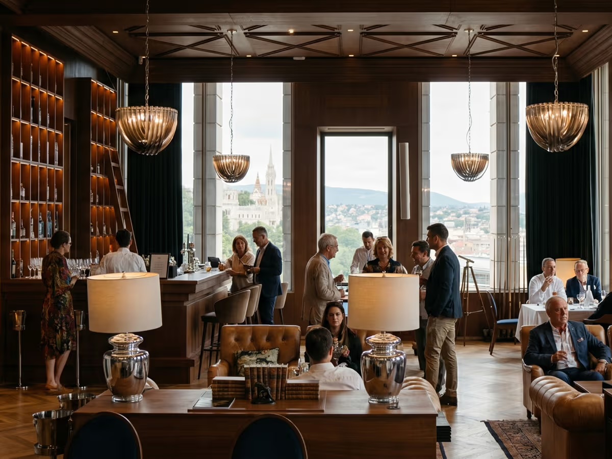 The Library Hall's lounge, featuring a bar counter and chandeliers, with a view of the Fisherman's Bastion from the windows
