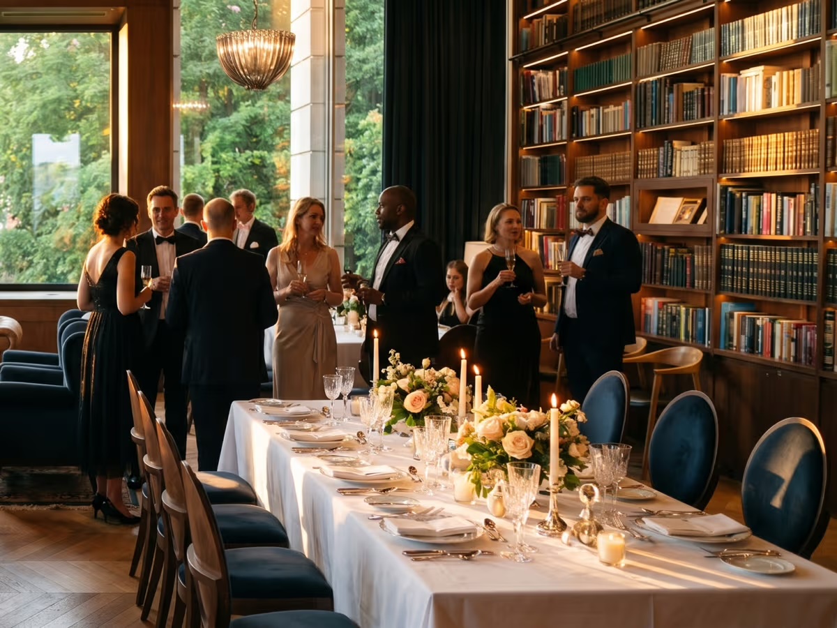A candlelit gala dinner in the Library Hall: a long table decorated with flowers in front of the bookshelves