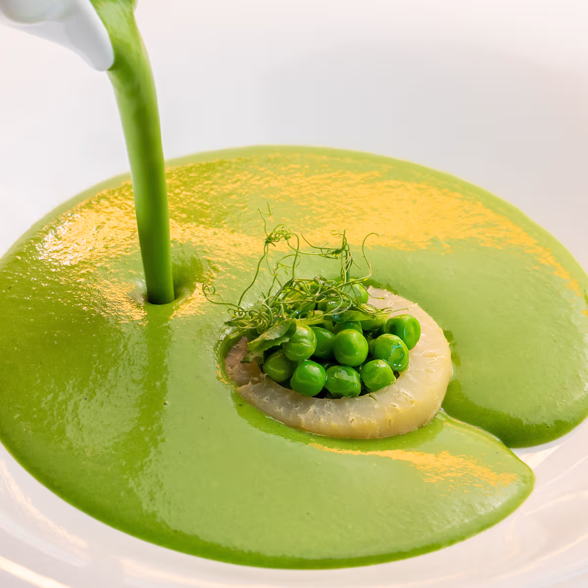 Cream of Green Pea Soup with Wild Garlic – Aranybástya Menu, Buda Castle