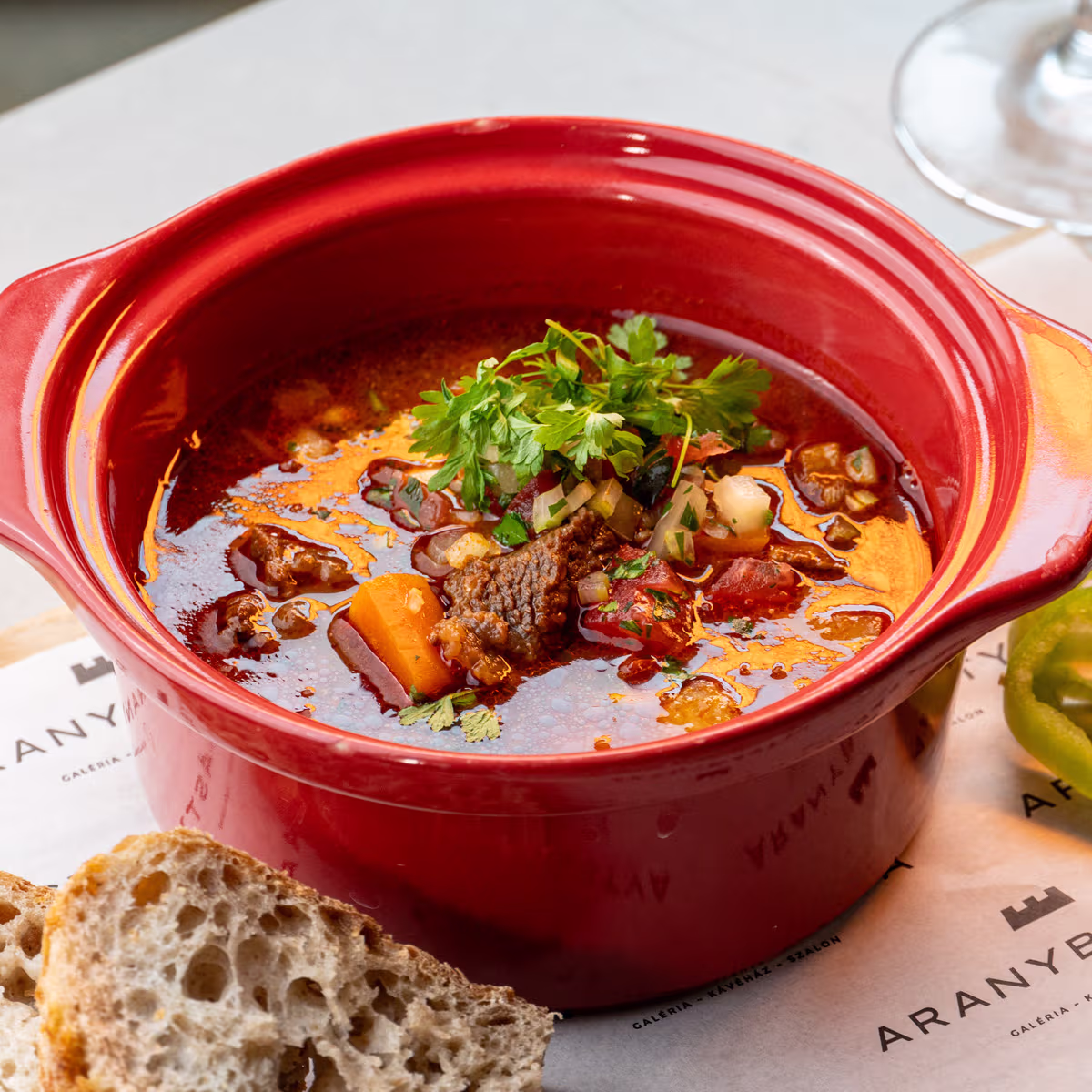 Traditional Goulash Soup – Aranybástya Menu, Buda Castle