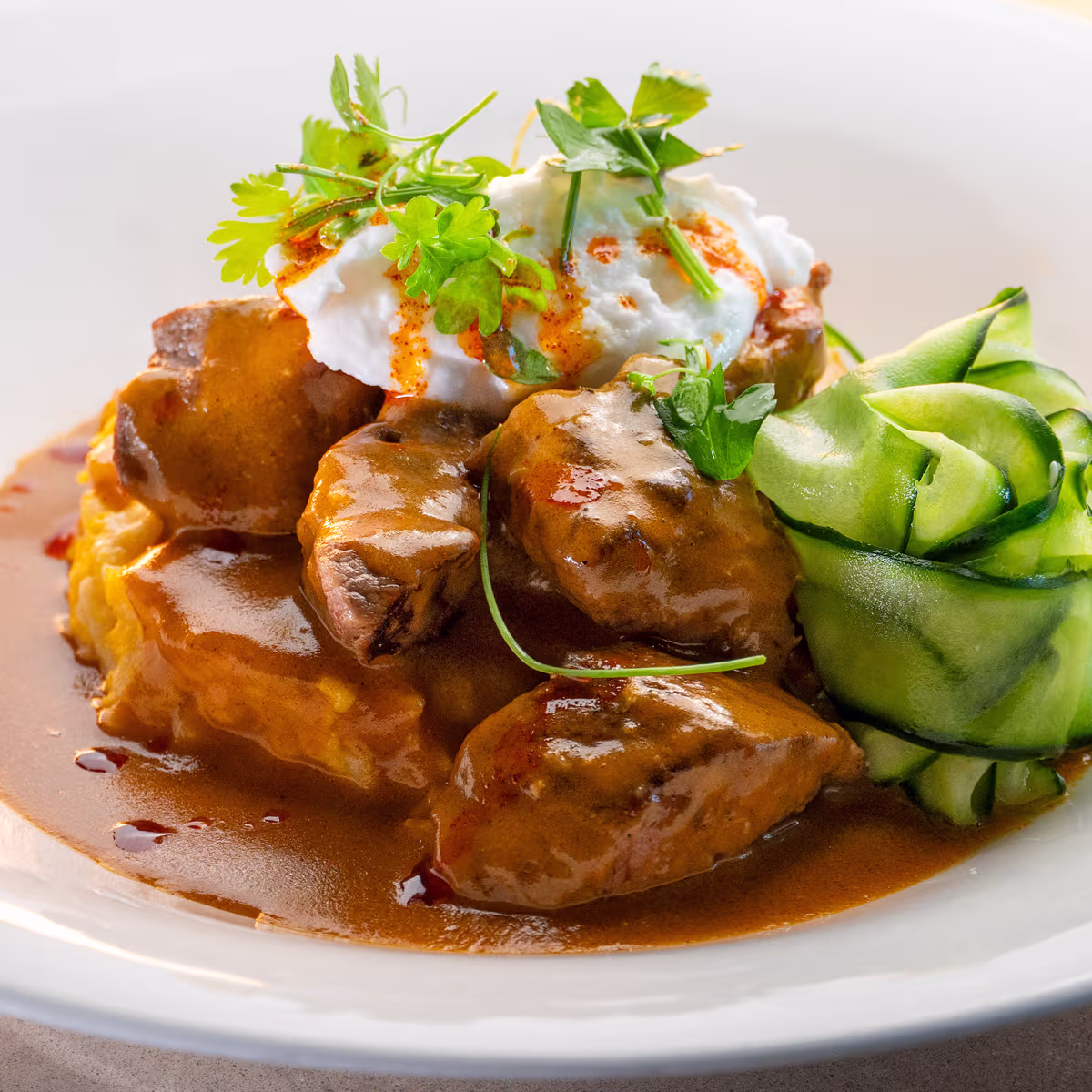 Veal Paprikash with Egg Dumplings – Aranybástya Menu, Buda Castle