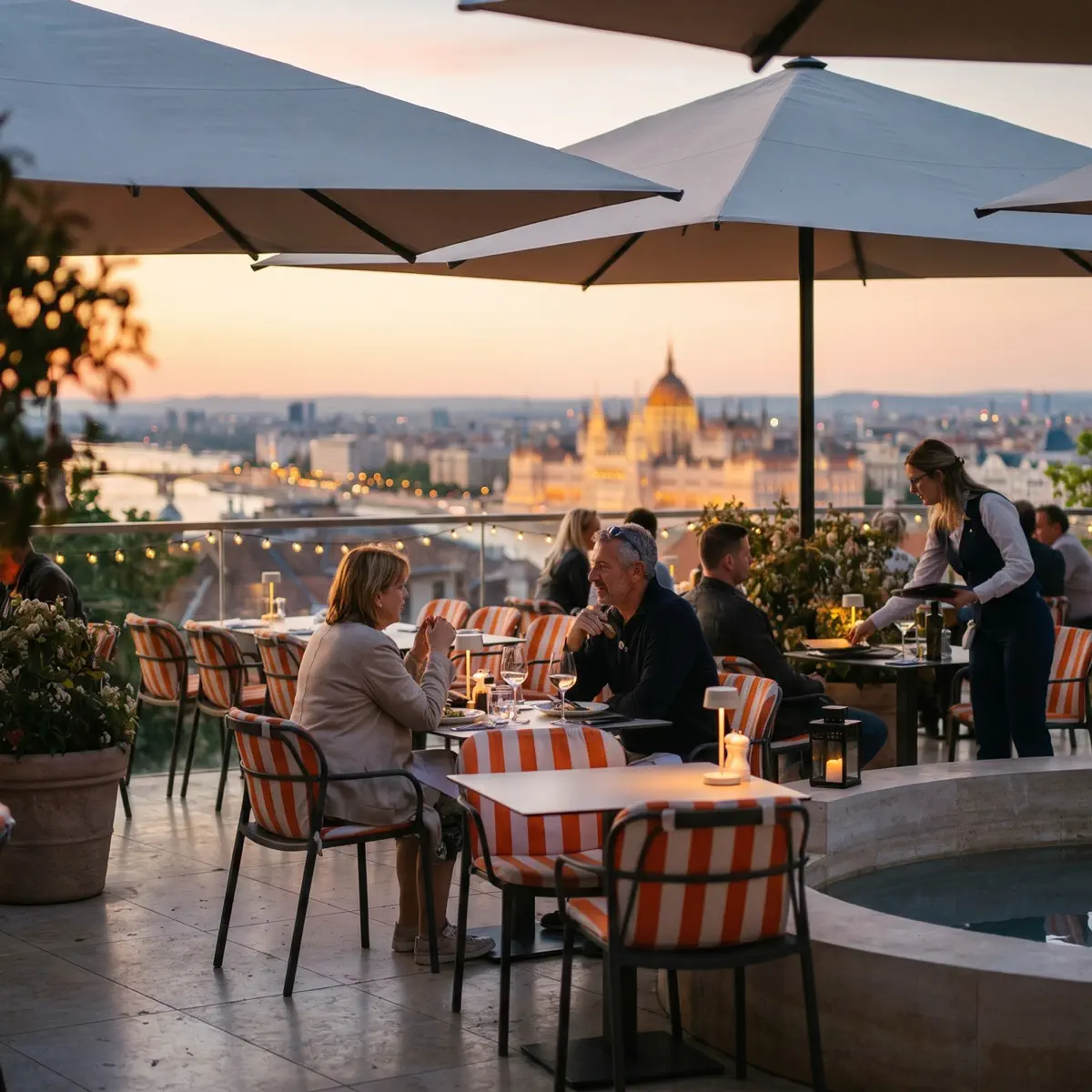 Dinner at sunset Aranybástya , with the Parliament in the background