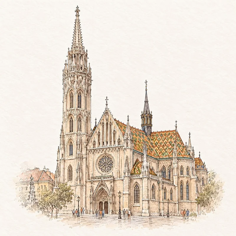 Kézzel rajzolt vázlat a Mátyás-templomról