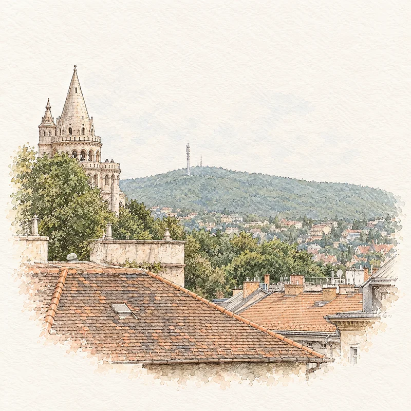 A hand-drawn sketch of Hármashatár Hill with the broadcast tower, behind the Fishermen's Bastion, as seen from the terrace of Aranybástya