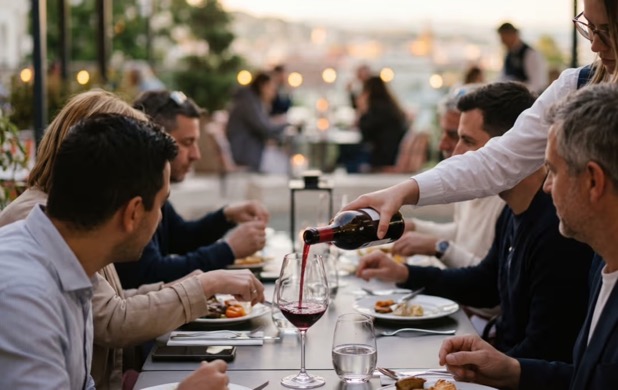 Red wine served at a long table Aranybástya of Aranybástya during an evening dinner