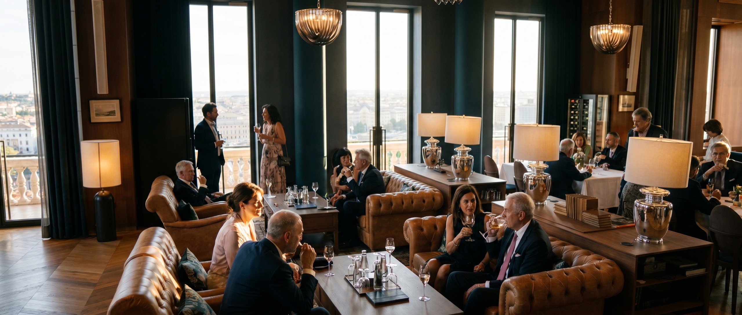 An evening reception in the Library Hall’s leather-upholstered lounge, with a panoramic view of Buda Castle through the windows