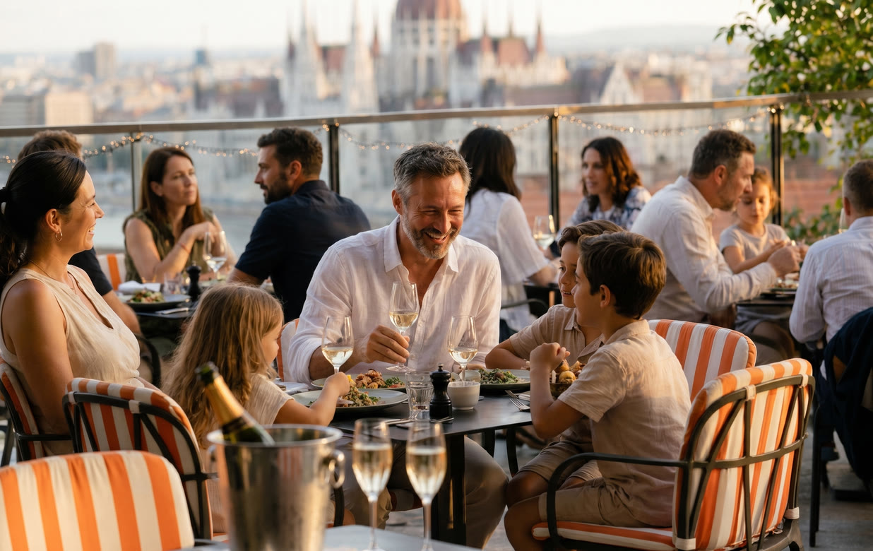 Guests are having dinner on the panoramic terrace of the Aranybástya in Buda Castle, with the Parliament building in the background