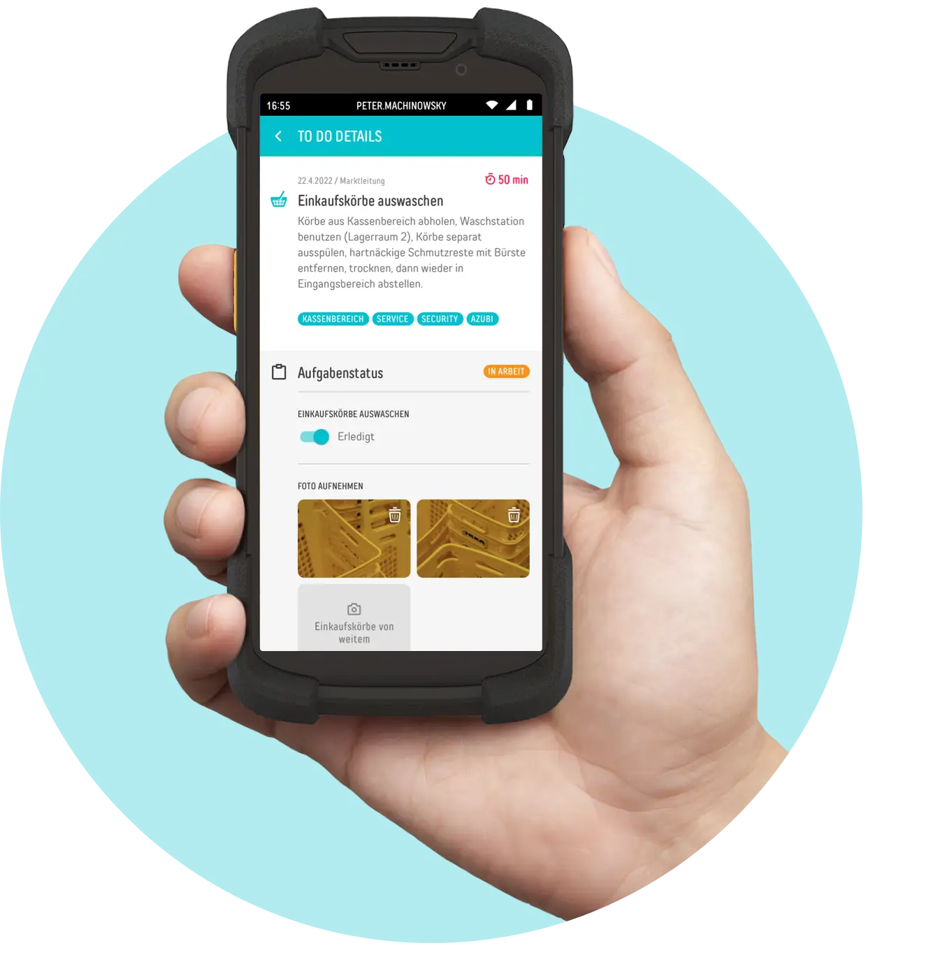 A hand holds a retail MDE running the ReAct Now app and showing a pending task