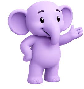 3D purple elephant standing, smiling, and waving with one hand.
