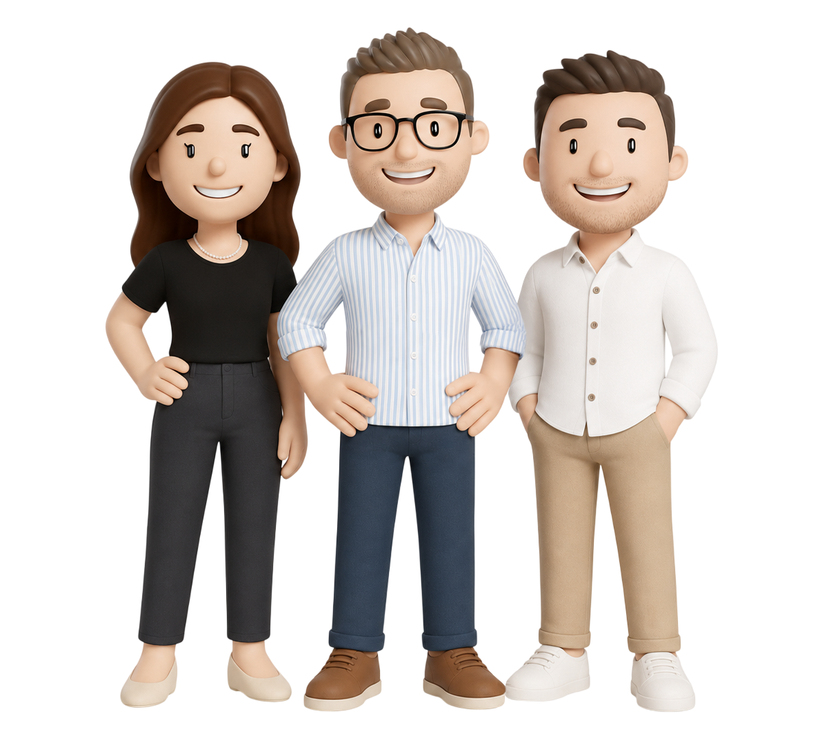 Illustration of three members of the PayItMonthly team standing together, smiling