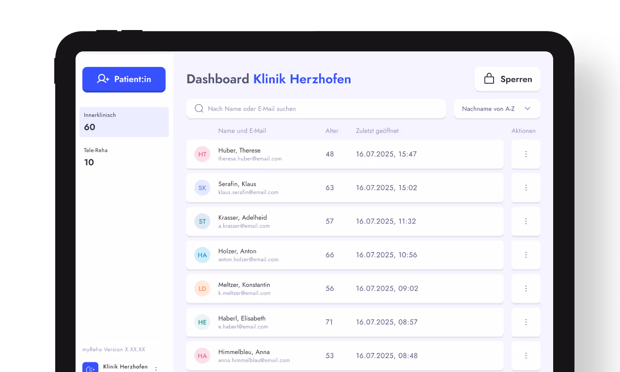 myReha Klinik-Dashboard