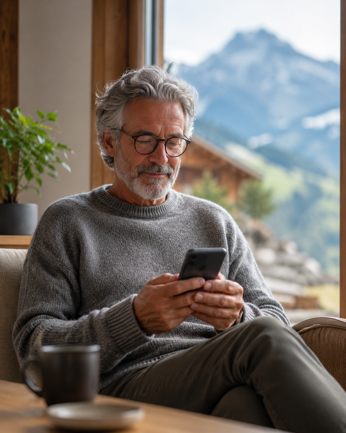 &Auml;lterer Mann sitzt entspannt zu Hause vor Schweizer Bergpanorama und nutzt mama health auf seinem Smartphone
