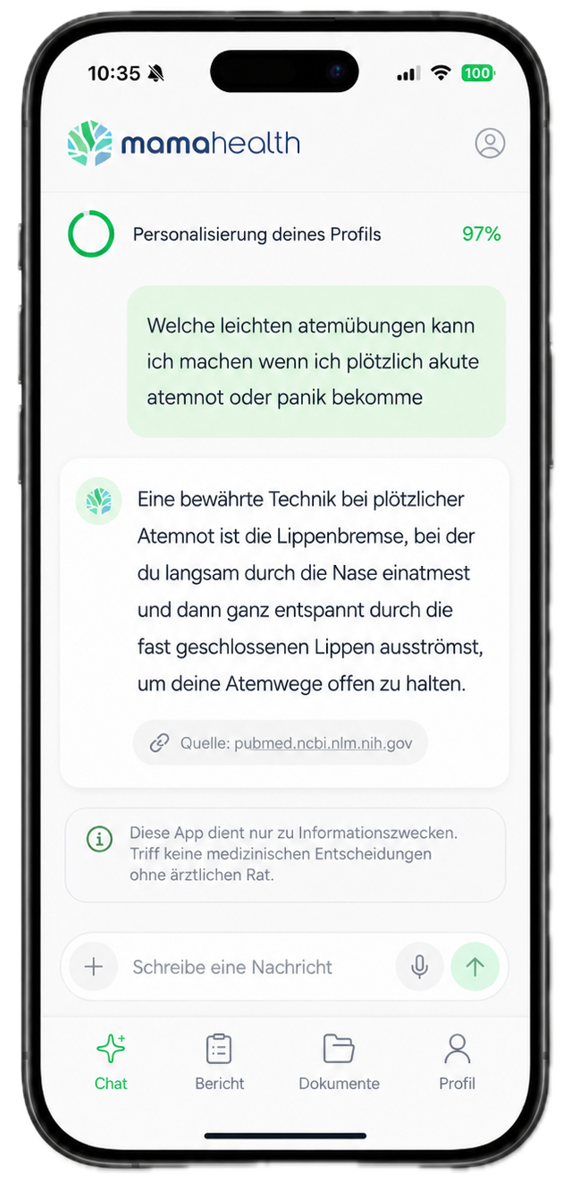 mama health App: Frage zu pl&ouml;tzlicher Atemnot mit Antwort zur Lippenbremse, Profil 97% ausgef&uuml;llt
