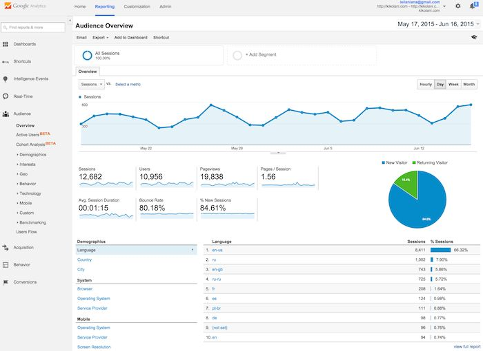 dashboard of google analytics showing a website's traffic