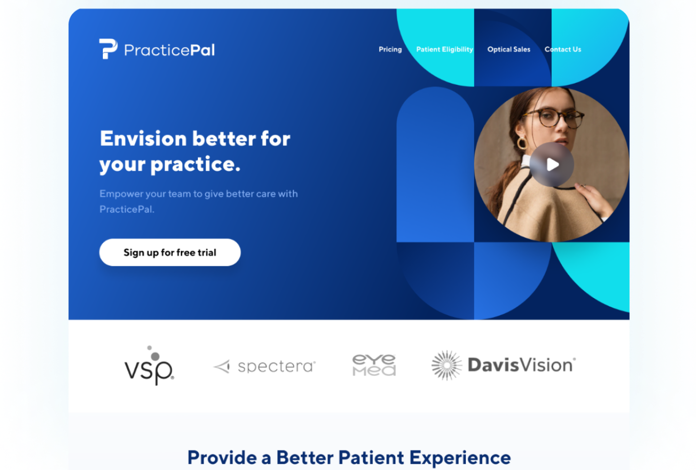 Blue and white website with image of woman