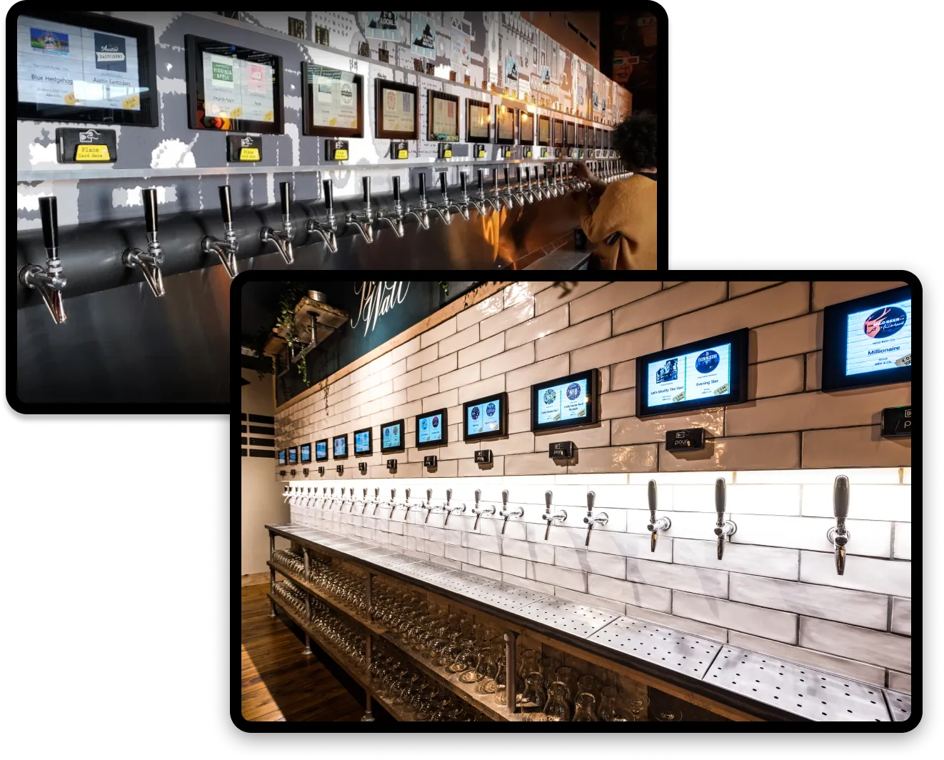 Beer taps along bar wall with touch screen displays