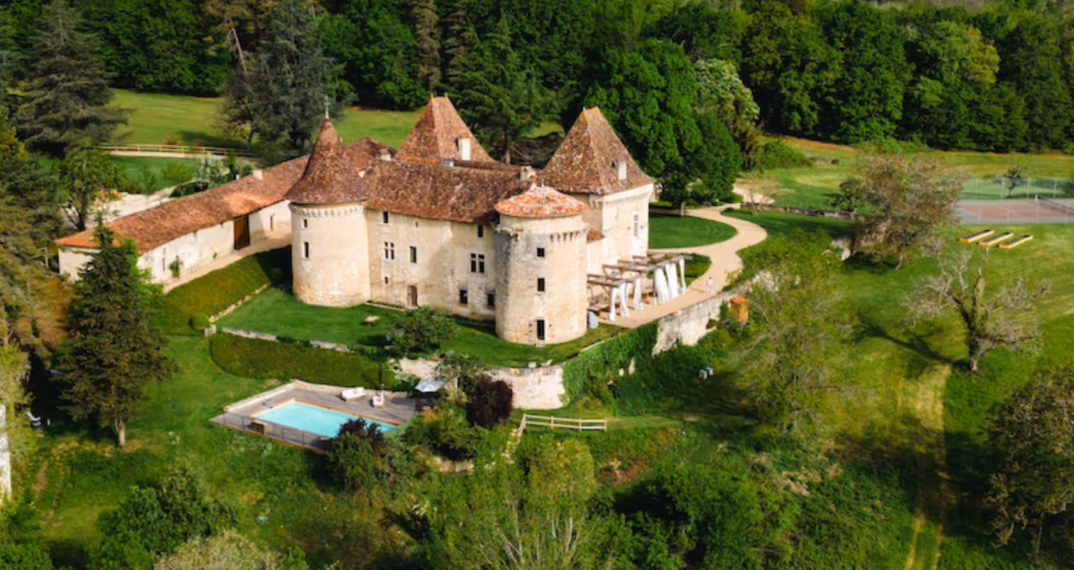 One of the crown jewels of Périgord, Chateau de Belet, atop its hilltop estate