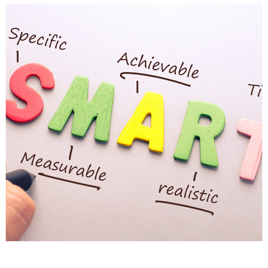 Colorful wooden letters spelling SMART beside handwritten goal-setting terms on paper