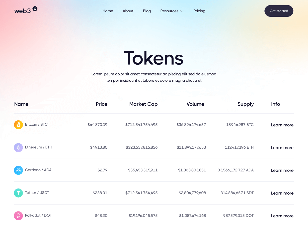 Web3 X - Tokens page - Crypto & Web3 Webflow Template