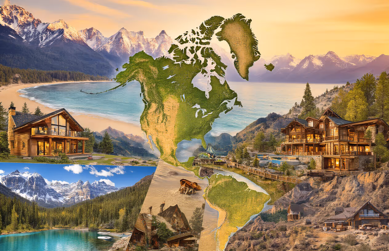 Collage of scenic North American landscapes including mountains, lakes, rustic cabins, and a grassy map overlay of North and South America.