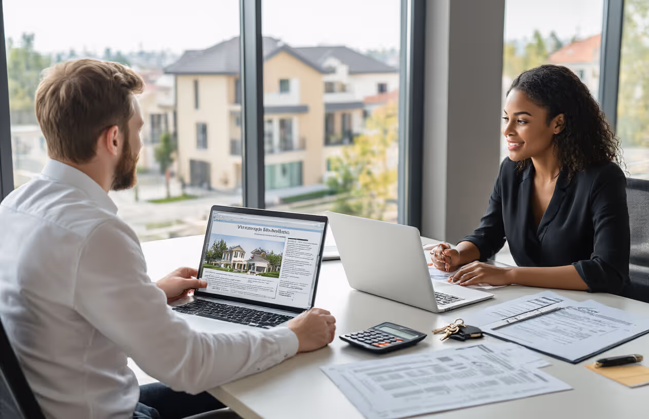 Man and woman discussing real estate at a table with laptops, documents, calculator, and keys, in a bright office.