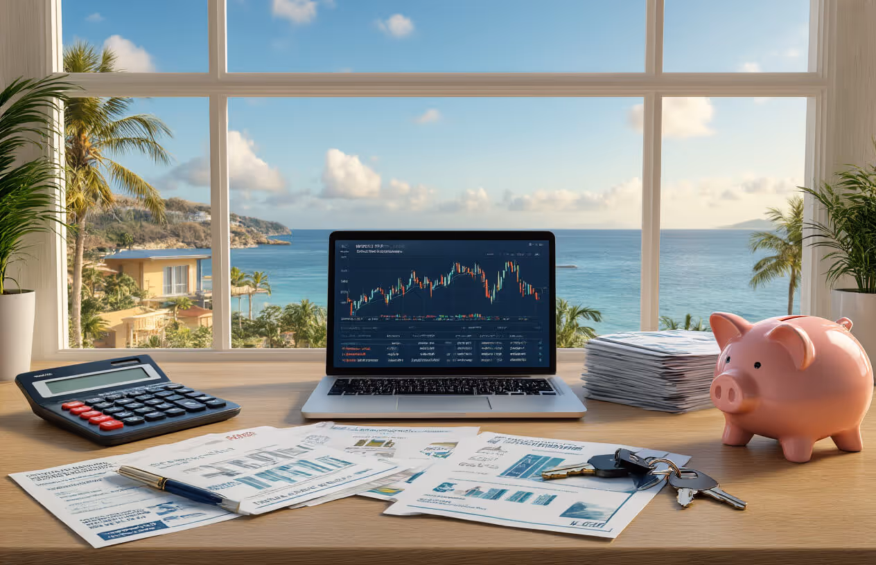 Desk with financial papers, pen, keys, calculator, piggy bank, and laptop displaying stock charts, with a tropical ocean view through a window.