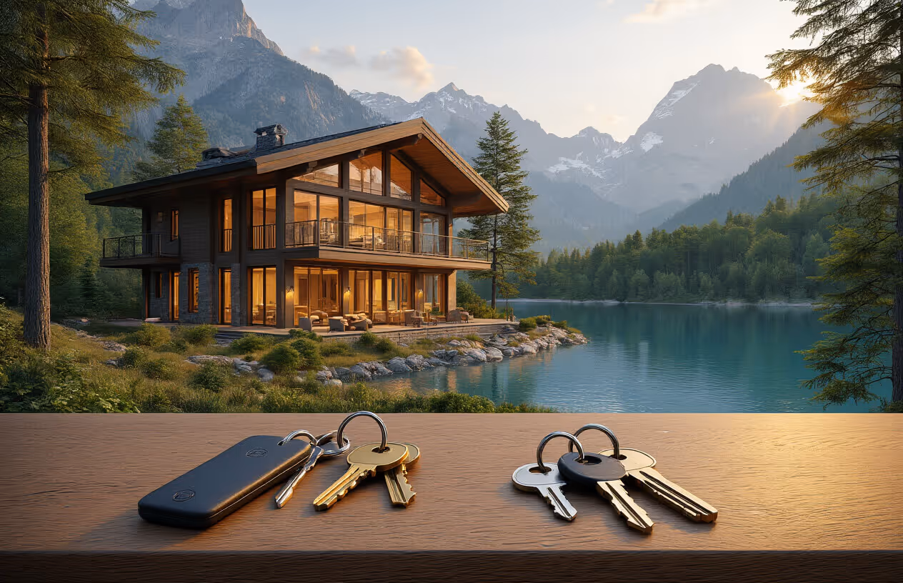 Modern lakeside house with large windows and mountain view at sunset, with two sets of keys on a wooden surface in the foreground.